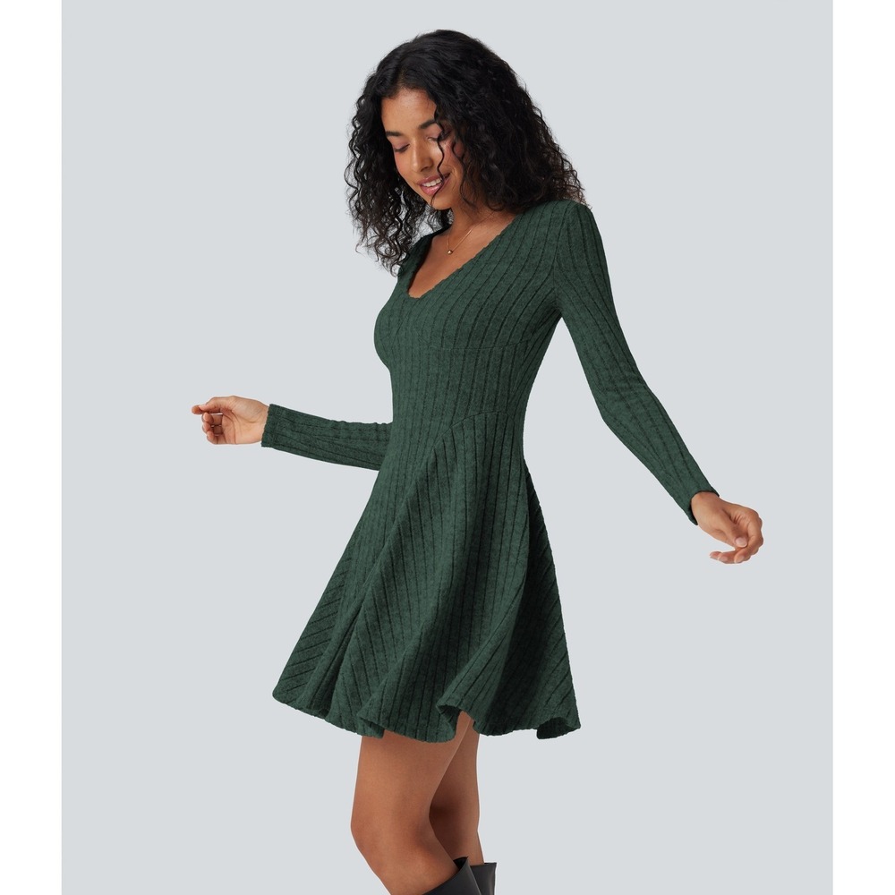 Halara Mini Skater Dress XS Green Ribbed Knit Long Sleeve Dark Whimsigoth Cute